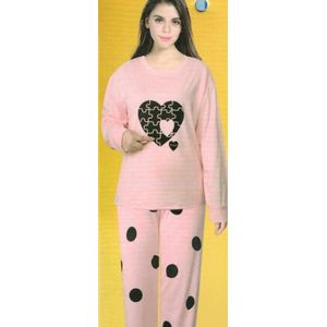 Dames Luxe Pyjama | 2-delige Set | Lange Mouwen | Pyama Dames lente-zomer | Loves| Hartjes | Katoen | Pyjama Dames | Maat XL / Geel/roze/grijs - lente/zomer