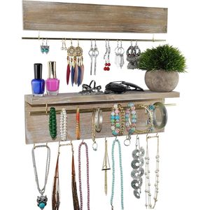 Sieradenorganizer, wandhouder, kettinghouder, metalen stang, oorring, armbanden, haken om op te hangen, accessoires voor het opbergen van planken, set van 2, rustiek hout