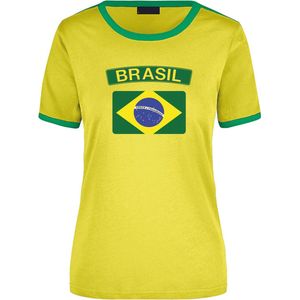 Brasil geel/groen ringer t-shirt Brazilie met vlag - dames - landen shirt - Braziliaanse fan / supporter kleding XL