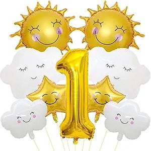 XL Folie ballonnen set 9-delig met de zon, wolken, sterren en het cijfer 1 - cakesmash - 1e - verjaardag - folie - ballon - zon - wolk - ster