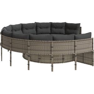 vidaXL - Tuinbank - met - tafel - en - kussens - rond - poly - rattan - grijs