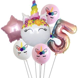 Unicorn Ballonnen Set - 5 Jaar - 7 Stuks - Kinder Verjaardag - Thema Feest Unicorn - Eenhorn Kinderfeestje - Feestversiering / Verjaardag Ballonnen - Eenhoorn / Paarden - Meisjes Versiering - Roze Ballonnen Verjaardag - Witte ballonnen - Helium