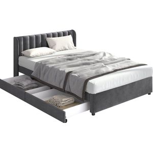 Merax Gestoffeerd Tweepersoonsbed met 2 Opberglades - 160x200 cm Velvet Queensize Bed met Opbergruimte - Grijs