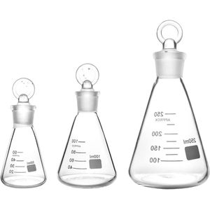 Glass Erlenmeyer Flask Set (50 100 and 250ml) 3 Pack Graduated Borosilicate Glass Erlenmeyer Conical Flask with Glass Stopper for Lab Experiment Chemistry