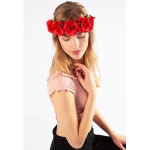 KIMU Rozenkrans 5 Rode Rozen Rood Bloemenkrans Haar Bloemen Haarband Elastiek Festival