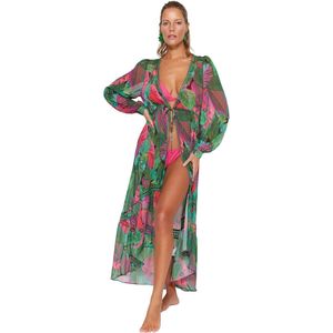 Trendyol Tropische Patroon Maxi Gebreide Streep Accessoire Chiffon Strandkimono En Kaftan Tbess23Km00002