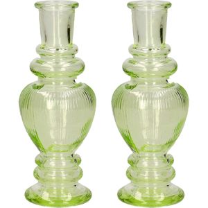 Kaarsen kandelaar Venice - 2x - gekleurd glas - ribbel lichtgroen - D5,7 x H15 cm