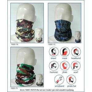 Ega Multipromotions - elastische bandana - neksjaal - nekwarmer - sjaal - motief Camo - set van 3 -  groen/zwart/geel/bruin - groen/bruin/zwart/wit - grijs/blauw/zwart