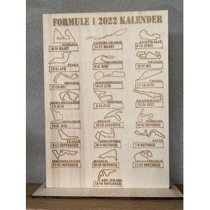 Formule 1 kalender 2022 AANGEPAST/ACTUEEL - populierenhout 4 mm - 24x25 cm - om neer te zetten - F1
