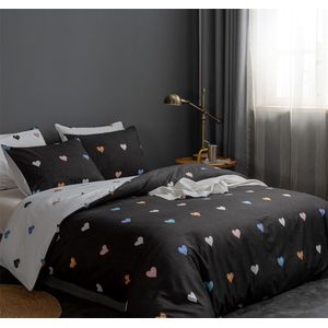 Beddengoedset, 220 x 240 cm, 3-delig, zwart, kleurrijk, hart, omkeerbaar beddengoed, geborsteld, microvezel, zachte beddengoedsets, comfortabel dekbedovertrek met ritssluiting en 2