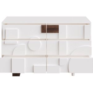 Modern dressoir met geometrisch vormgegeven deuren, greeploos, laden met push-to-pop-functie, geschikt voor eetkamer, woonkamer, poten van massief hout, wit