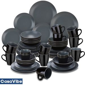 CasaVibe Luxe Serviesset – 48 delig – 12 persoons – Porselein - Bordenset – Dinner platen – Dessertborden - Kommen - Mokken - Set- Zwart - Donker Grijs