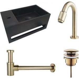 Diamond Line S.S - Fonteinset Links met Handdoekhouder - Mat Zwart - Solid Surface - Rechthoek - 35.6x20.3x15.9cm - Incl. Toiletkraan Clickwaste Sifon - Geborsteld Goud