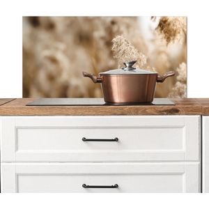 Spatscherm keuken 80x40 cm - Kookplaat achterwand Riet - Plant - Natuur - Beige - Muurbeschermer - Spatwand fornuis - Hoogwaardig aluminium