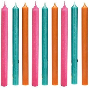 Cactula Lange Luxe dinerkaarsen 28 cm Happy 9 stuks - Roze / Turquoise / Oranje