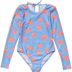 Snapper Rock - UV Zwempak voor meisjes - Lange mouw - Beach Bloom - Blauw/Roze - maat 8 (122-133cm)
