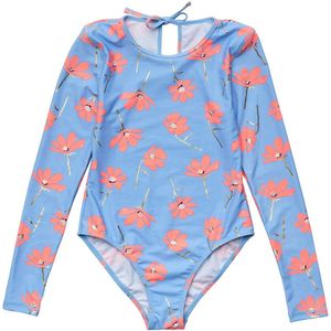 Snapper Rock - UV Zwempak voor meisjes - Lange mouw - Beach Bloom - Blauw/Roze - maat 4 (97-104cm)