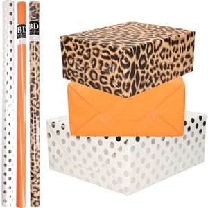 9x Rollen kraft inpakpapier/folie pakket - panterprint/oranje/wit met zilveren stippen 200 x 70 cm - dierenprint papier