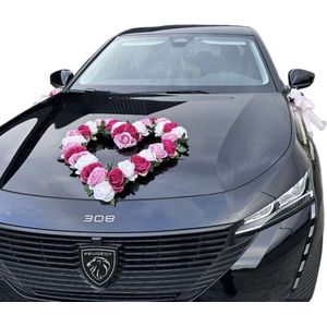 AUTODECO.NL -LEA Trouwauto versiering - rood with roze open hart - autodecoratie rode hard - huwelijks decoratie rood - bruiloft autodecoratie - Motorkap Versiering - Autobloemstuk Bruiloft - Bloemen op de Auto - Bloemen op de Motorkap - Trouwerij