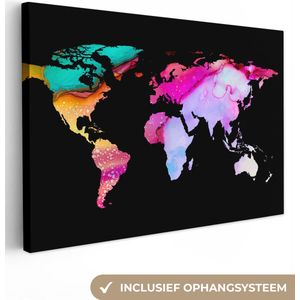 Canvas Wereldkaart - 120x80 - Wanddecoratie Wereldkaart - Waterverf - Regenboog