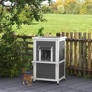 Duurzame houten kattenhuis met 2 verdiepingen, weerbestendig dak, grijs en wit, 60 x 60 x 81,5 cm