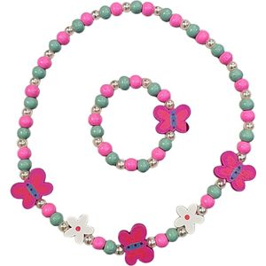 Fako Bijoux® - Kinderketting en Armband - Hout - Vlinders & Bloemetjes