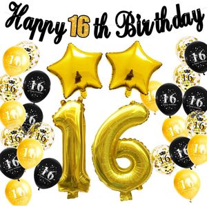 16 jaar verjaardag versiering Goud / Zwart - Feestartikelen 16 jaar - Verjaardagsset 16 jaar - Sweet sixteen feestartikelen - Sweet 16 versiering - verjaardagscadeau 16 jaar - 16 jaar verjaardag ballonnen & slinger