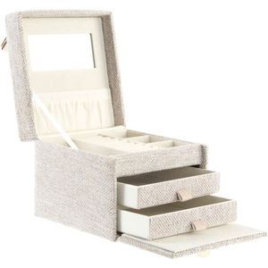 Luxe sieradenkist/juwelenkist met lades beige van stof 15 x 15,5 x 13 cm - Sieradenetui - Beautycase