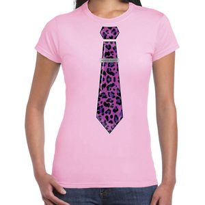 Bellatio Decorations Verkleed T-shirt dames - panterprint stropdas - roze - foute party - carnaval XL