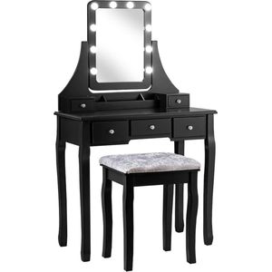 Make-uptafel met kruk, 360° draaibare spiegel en 10 dimbare ledlampen, kaptafel met 5 laden en organizer, make-uptafel van tafel en afneembaar bovendeel, zwart