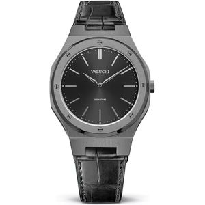 Valuchi Mannen Signature Italiaans Leer Roestvrijstaal Japanse Quartz Horloge - Leer Gunmetal Zwart