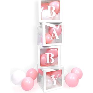 Vier doorzichtig letter ballon box blokken Baby wit met 24 roze en witte ballonnen - ballonbox - ballonblok - babyshower - genderreveal