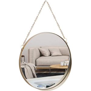 Hangende spiegel, ronde badkamerspiegel van 25x25 cm, messing frame met ophangketting, eenvoudige stijl, klein formaat