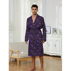 Ochtendjas-satijn-Nachtmode-Pyjama set-Badjas-Heren-Blauw-Kwaliteit-Mooi-Goedkoop-Print-Violet