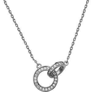 Joy|S - Zilveren cirkel link ketting - rhodium - 2 rondjes in elkaar verbonden - zirkonia - 42 tot 45 cm