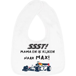 Hospitrix Slabbetje met Tekst  ""SSST! Mama en Ik kijken naar MAX"" Wit  - Kerstcadeau - Cadeau Zwangerschap - Baby Kwijldoek - Kwijllap - Morslap - Bavette - go max - Cadeau - Zwangerschap - Aankondiging -  Verstappen