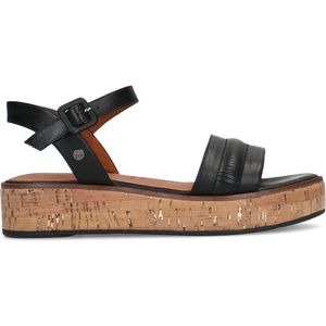 No Stress - Dames - Zwarte leren sandalen met kurkzool - Maat 39