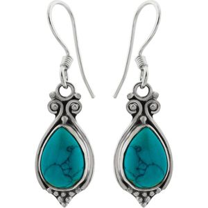 Zilveren oorbellen met hanger dames | Zilveren oorhangers, turquoise steen met bolletjes en sierlijke krullen