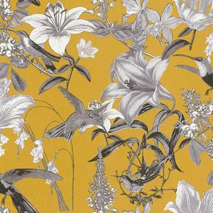 Bloemen behang Profhome 377013-GU vliesbehang glad met bloemen patroon mat geel grijs zwart wit 5,33 m2