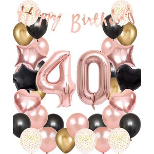 Snoes Ballonnen 40 Jaar Set Mega Rose Black Zwart Ballonen set - Compleet Feestpakket Cijferballon 40 Jaar - Verjaardag Versiering Slinger Happy Birthday – Folieballon – Latex Ballonnen - Helium Ballonnen