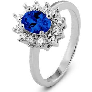 New Bling 9NB-0156-54 - Zilveren ring - rozet - zirkonia ovaal 6x8 mm - maat 54 - zilverkleurig / blauw