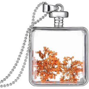 Fako Bijoux® - Ketting - Gedroogde Bloem - Vierkant - Zilverkleurig - Oranje