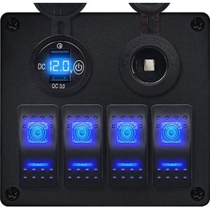 ProRide Schakelpaneel 12V voor Auto/Boot - USB Lader 2 poorten met Sigaretten stopcontact - QC3.0 - 4 schakelaars