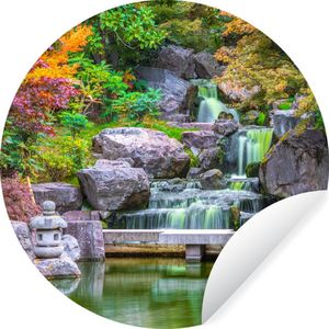 Behangcirkel - Zelfklevend behang - Waterval - Stenen - Japan - Bomen - Botanisch - Behang rond - Cirkel behang - 50x50 cm - Woondecoratie - Behang cirkel