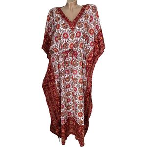 Kaftan bloemenprint 1081 met aantrekkoord onesize 36-50 rood/wit/geel