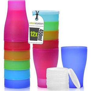 NEO plastic bekers 12 stuks, 450 ml, kleurrijk, deksels, herbruikbaar, onbreekbaar, feestbekers, drinkbekers, feestschalen, camping schalen, drinkglazen, kinderen