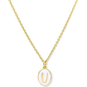 Silventi 9LA-20061-U Zilveren Ketting met Letterhangertje - U - Ovaal - 12x8,8mm - Emaille - Wit - Zilver - Initiaal sieraad - Verguld/Goud op Zilver