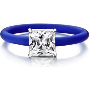 Colori 4 RNG00025 Siliconen Ring met Steen - Vierkant Zirkonia 8x8 mm - One-Size - Blauw