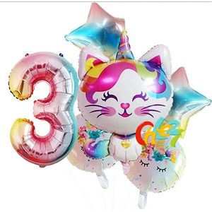 Eenhoorn Ballonnen Set - 3 Jaar - 6 Stuks - Kinder Verjaardag - Thema Feest Unicorn - Eenhoorn Kinderfeestje - Feestversiering / Verjaardag Ballonnen - Kat - Meisjes Versiering - Roze Ballon - Witte ballon - Multi colors - Regenboog - Helium