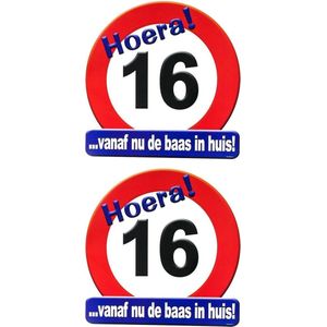 2x stuks hulde stopbord 16 jaar - Feestartikelen/versiering verjaardag leeftijden - Verkeersbord